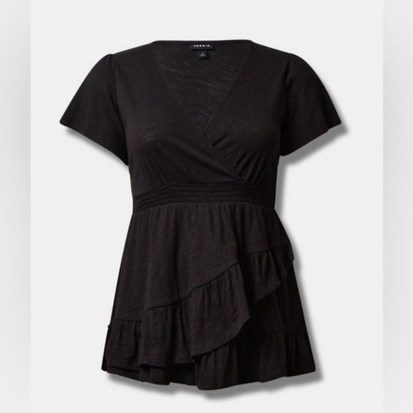 Women’s Torrid 0 Black Wrap Surplice Tiered Ruffle Top L XL 12 - Picture 3 of 14